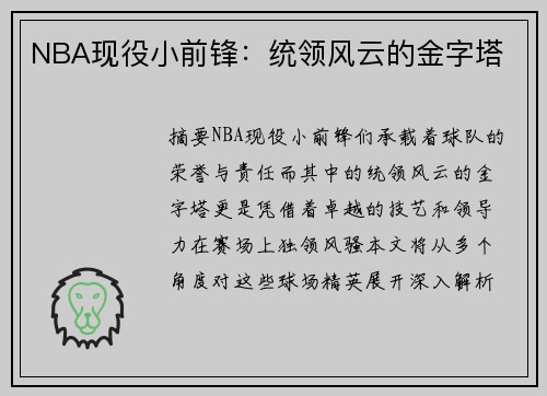 NBA现役小前锋：统领风云的金字塔