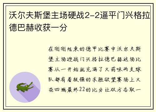沃尔夫斯堡主场硬战2-2逼平门兴格拉德巴赫收获一分